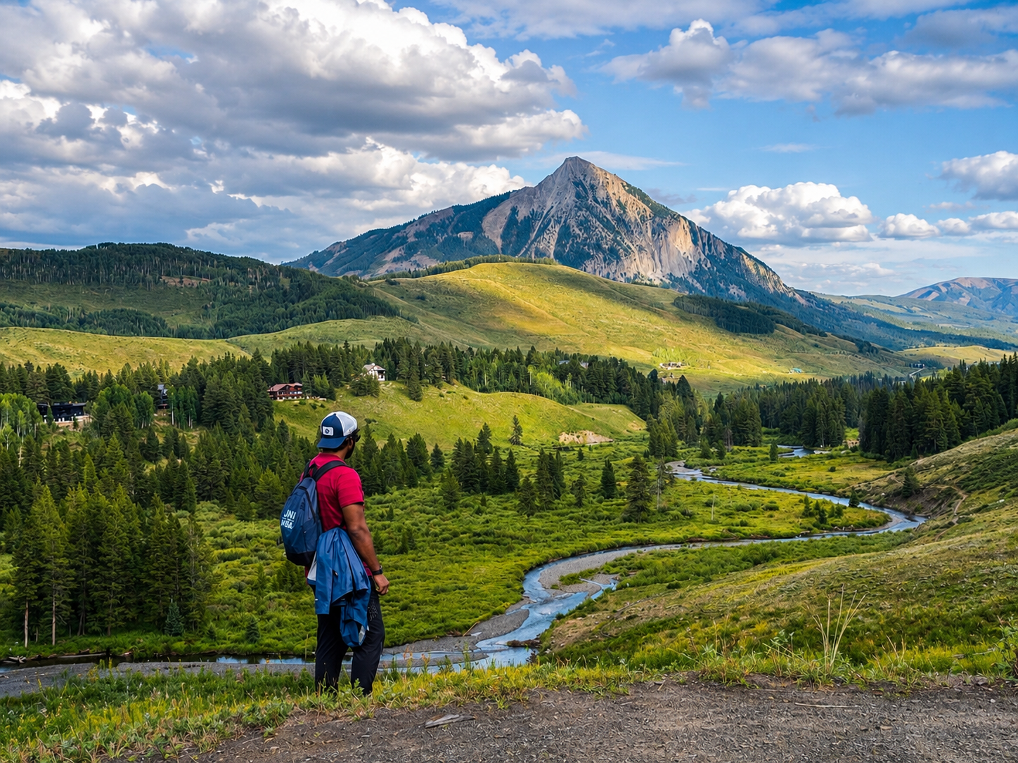 A Colorado valley with a river, wildflowers, and mountains, with Teja standing small in the landscape.
