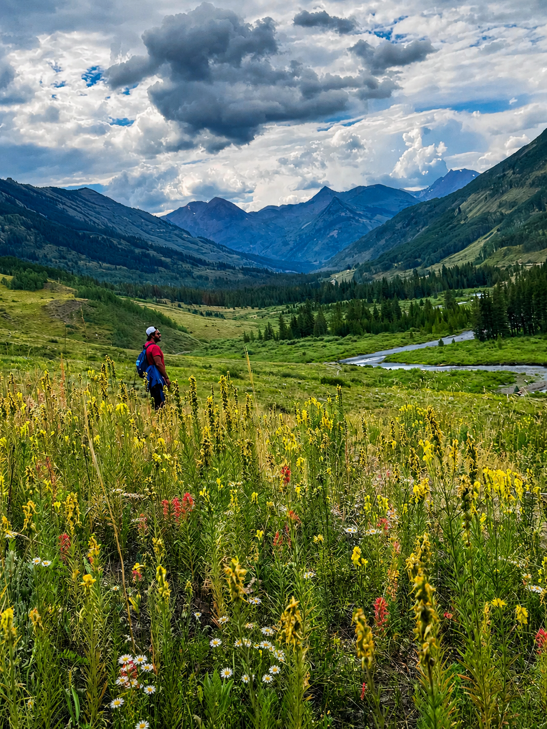 A Colorado valley with a river, wildflowers, and mountains, with Teja standing small in the landscape.