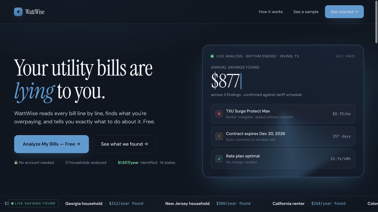 The current public WattWise experience: a headline about utility bills beside a live analysis panel listing three findings and an annual savings figure.