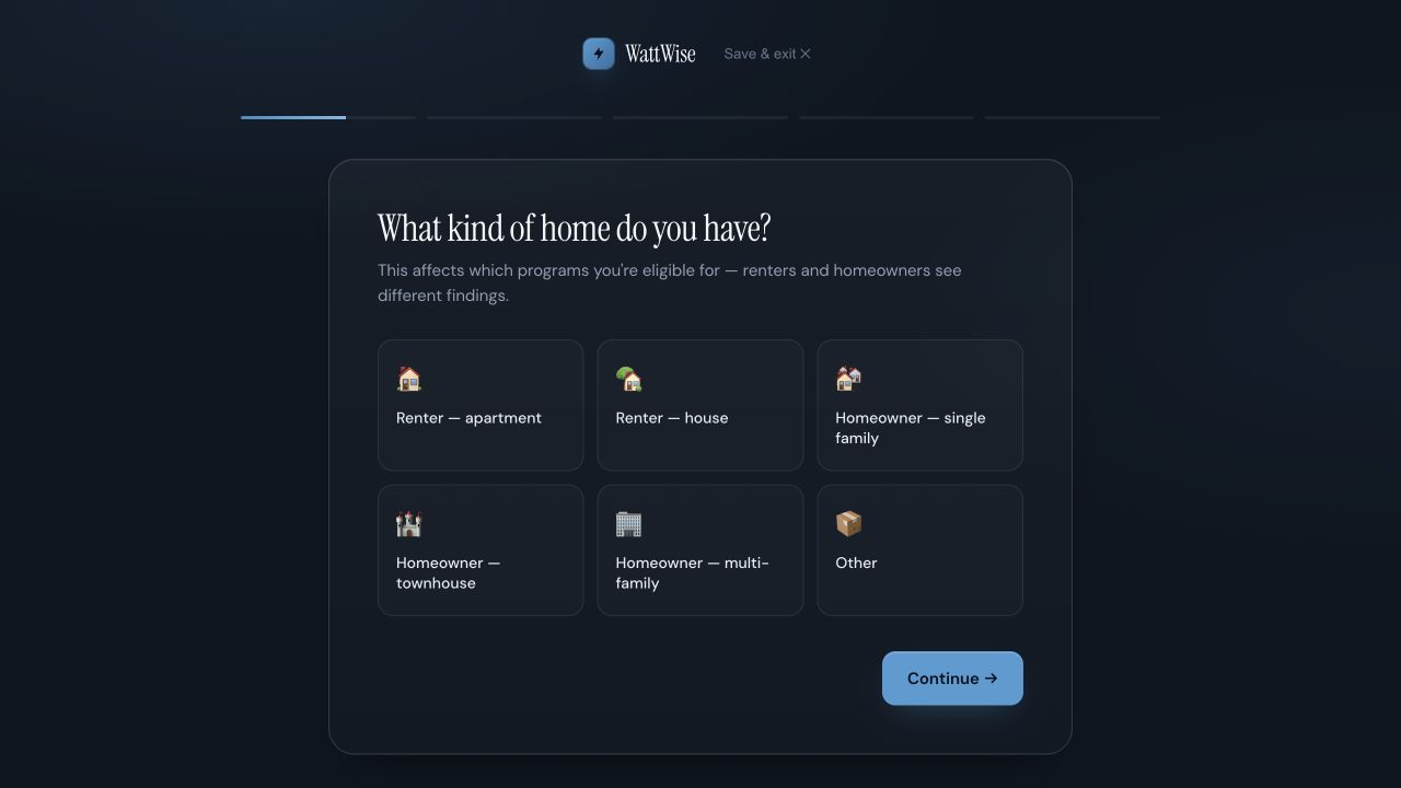 WattWise onboarding, step one: What kind of home do you have, with six options from renter apartment to homeowner multi-family.