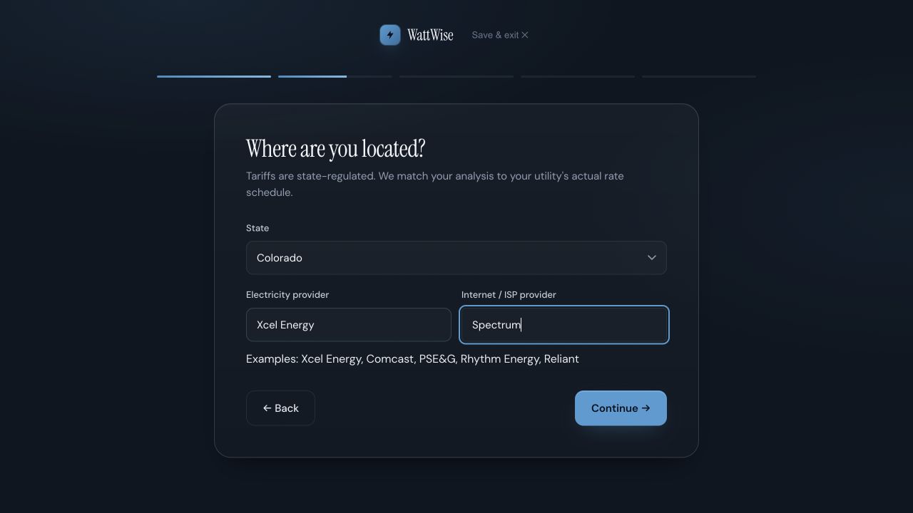 WattWise onboarding, step two: Where are you located, with a state selection and electricity and internet provider fields filled with sample entries.