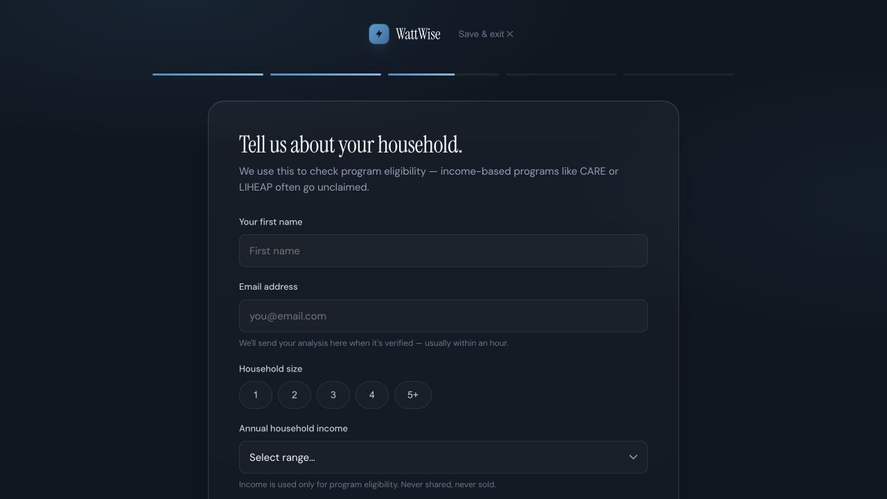 WattWise onboarding, step three: Tell us about your household, with empty name, email, household size and income fields for program eligibility.